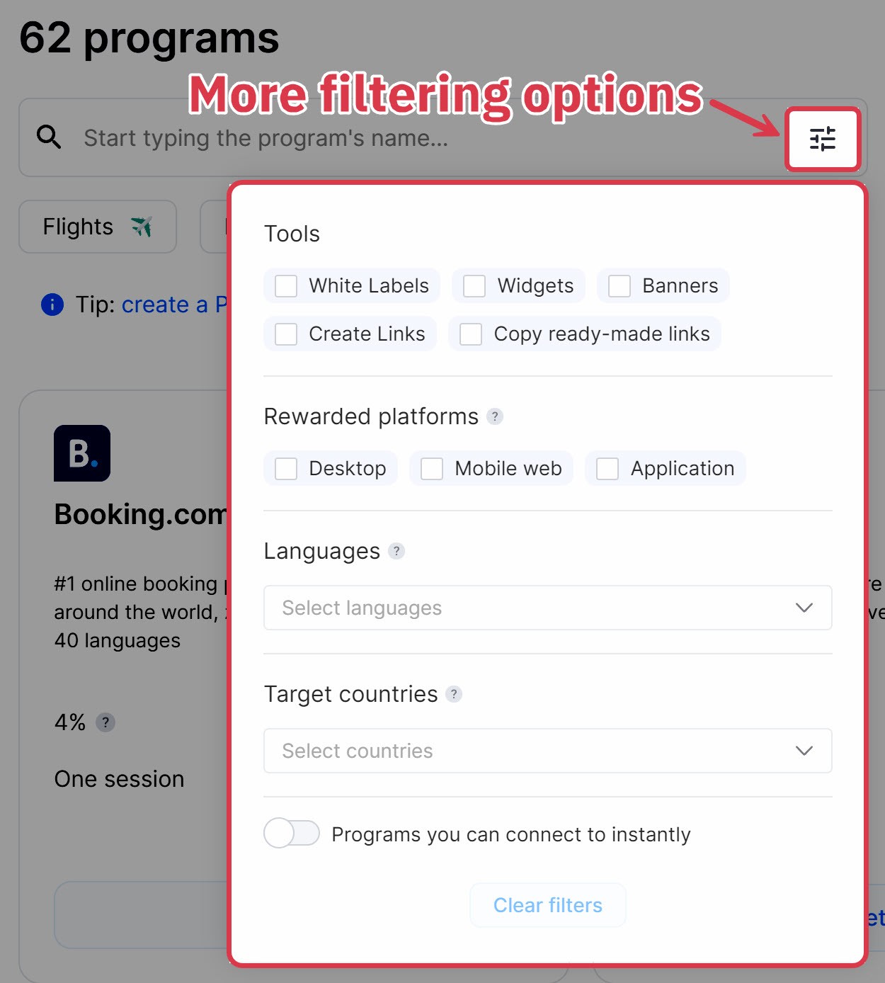 travelpayouts more filter