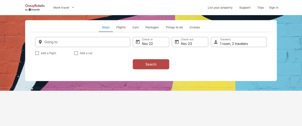 cheaptickets by expedia homepage screenshot