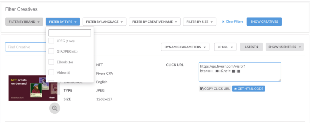 Fiverr Affiliate Creatives Filter