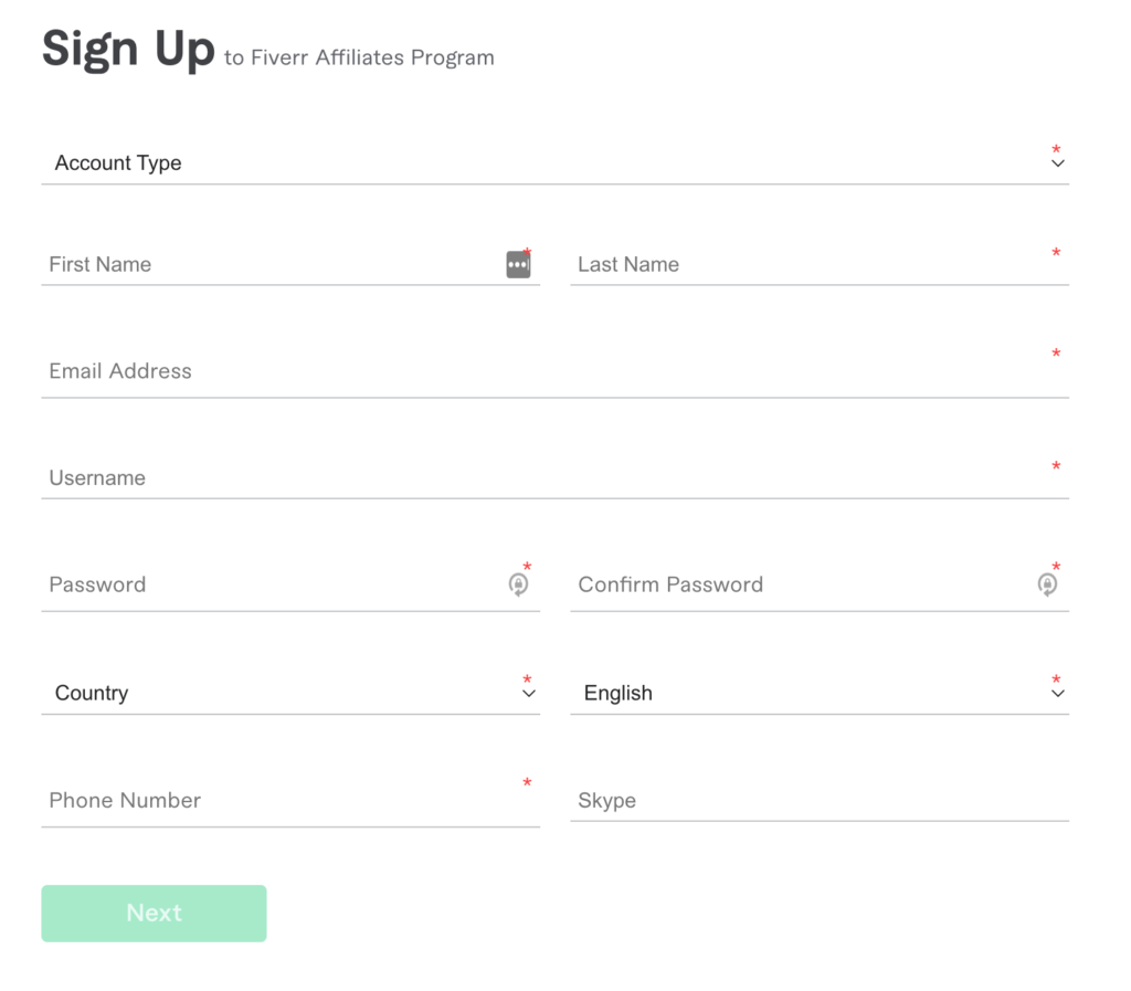 Fiverr Affiliate Program Sign Up Form