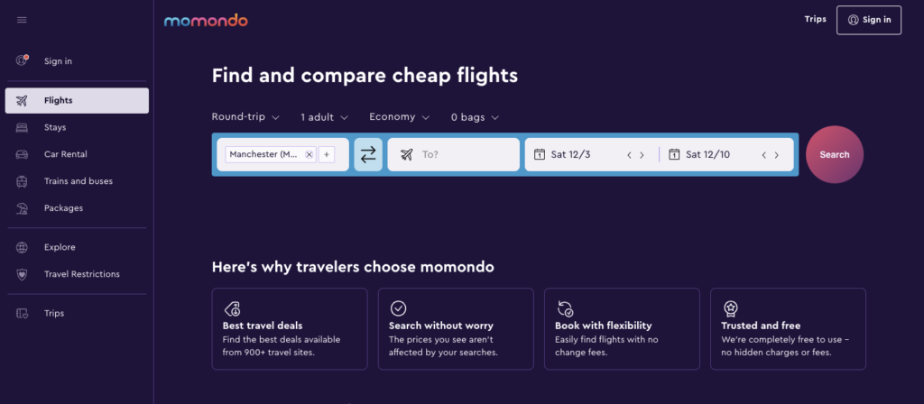 momondo homepage screenshot
