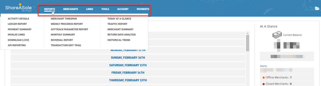 Shareasale Dashboard Menu