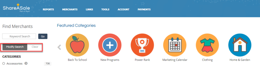 Shareasale Merchants Modify Search