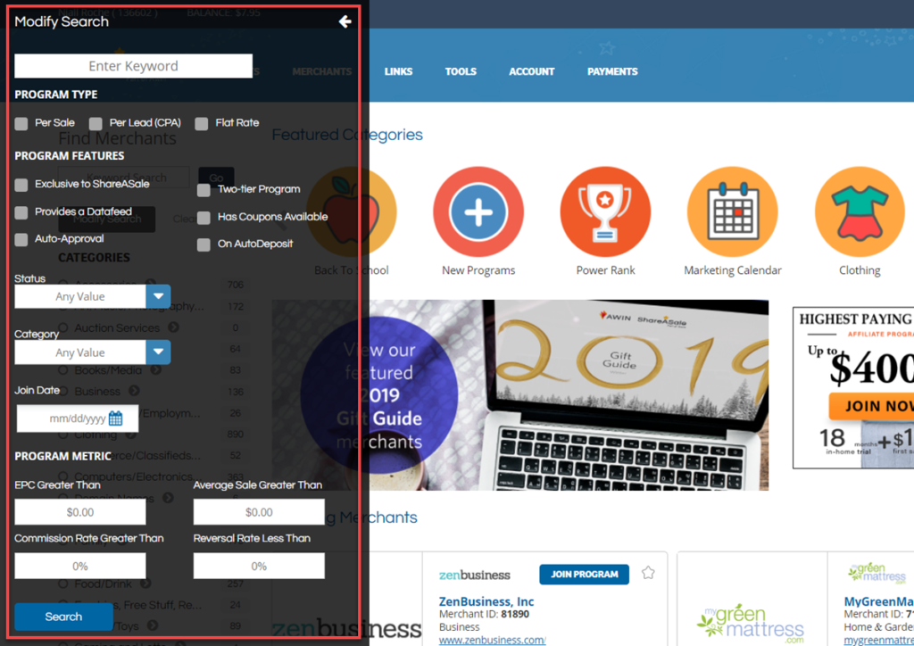 Shareasale Modify Search Overview