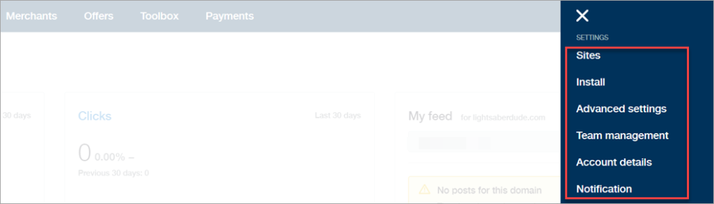 Skimlinks Settings Menu